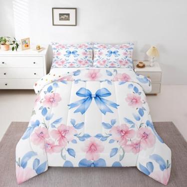 Imagem de Erosebridal Conjunto de cama casal com laço azul, laço floral rosa para meninas e adolescentes, edredom de flores de casa de campo, decoração de quarto, 2 fronhas respiráveis