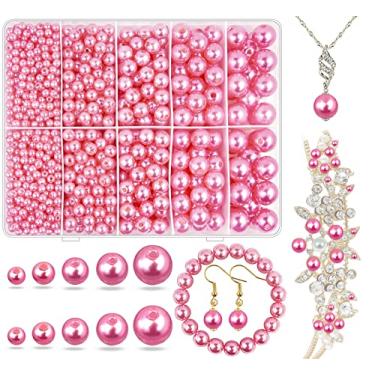 Imagem de Miçangas de pérola rosa para fazer joias, Wavlakth 1750 peças rosa vermelha pérola artesanato conta com furo 4 mm 6 mm 8 mm 10 mm 12 mm conta espaçadora solta para colar pulseira brincos anel gargantilha decoração de vestido de casamento (rosa)