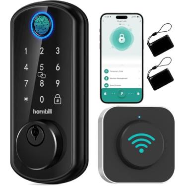 Imagem de Fechadura de porta frontal inteligente WiFi: Fechadura de impressão digital com entrada sem chave Hornbill - Teclado eletrônico Alexa Bluetooth Fechaduras de porta para casa, apartamento, trava