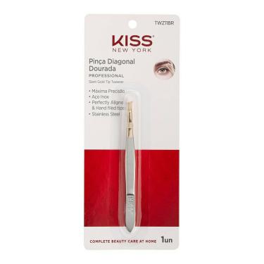 Imagem de Pinça Kiss New York Ponta Diagonal Dourada Premium 1 Unidade