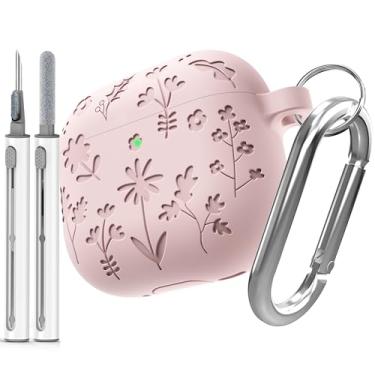 Imagem de DamonLight Capa Flora Gravada Para Airpods 4 Com Cancelamento Ativo De Ruído, Caneta Limpeza Silicone Macio E Protetora À Prova Choque Chaveiro Apple 4ª Geração (Rosa)