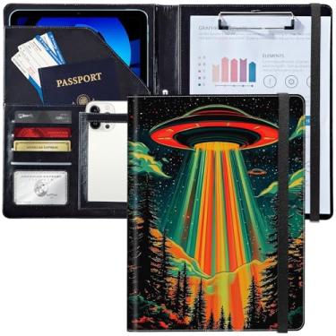 Imagem de Padfolio/Portfolio Folder Clipboard, carteira de couro personalizada com currículo organizador de documentos tamanho carta A4 porta-cartões de visita para homens e mulheres, OVNI alienígena colorido