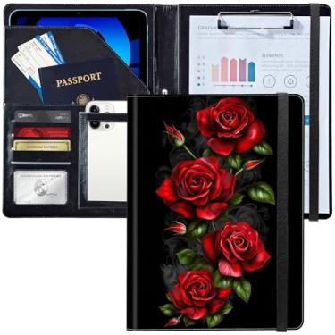 Imagem de Padfolio/Portfolio Folder Clipboard, Red Roses Flowers Custom Leather Portfolio Padfolio W/Retomar Document Organizer Letter Size A4 Porta-cartões de visita para homens e mulheres