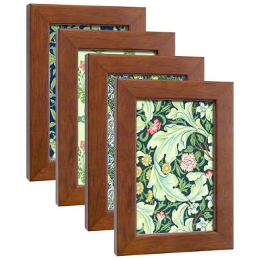 Imagem de DEKWINN, Conjunto de 4 porta-retratos de 10 x 15 cm feito de madeira maciça com vidro de verdade para fotos 10 x 15 cm sem tapete, suporte de parede ou moldura de galeria de mesa nogueira