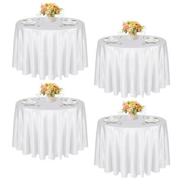 Imagem de KKJIAF Pacote com 4 toalhas de mesa redondas de 300 cm, branco acetinado, toalha de mesa de jantar de cetim sedoso para casamento, festa, banquete, restaurante, eventos formais