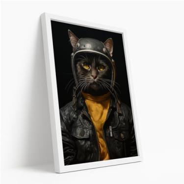 Imagem de Quadro Decorativo Gato Jaqueta Couro Com Moldura Capacete Pet Estiloso Olhar Forte Preto Fashion Design Criativo Estilo Urbano Impactante