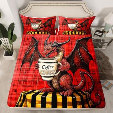 Imagem de Feelyou Jogo de lençol solteiro com dragão para meninos e meninas, adolescentes, vida selvagem, café, lençol com elástico, vermelho, para decoração de quarto