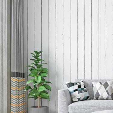 Imagem de Papel de parede branco listrado estilo mediterrâneo nostálgico grão de madeira não tecido quarto sala de estar restaurante fundo papel de parede não autoadesivo - branco - 53 * 950 cm