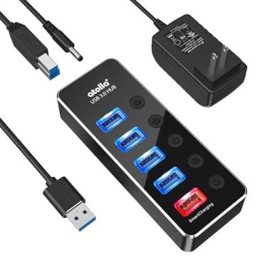 Imagem de Hub USB alimentado, hub atolla alumínio 5 portas USB 3.0 com 4 portas de dados USB 3.0 e 1 porta de carregamento USB inteligente, divisor USB com adaptador de energia 5V/3A e interruptores individuais