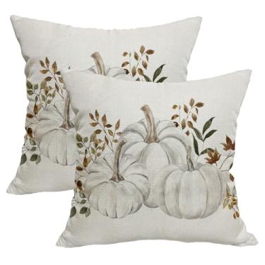 Imagem de Conjunto de 2 capas de almofada de abóbora de outono outono dia de Ação de Graças com 2 fronhas decorativas de linho de colheita de abóboras brancas cinza 45,7 x 45,7 cm para decoração de sofá de casa