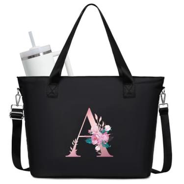 Imagem de JANSBEN Sacola personalizada para mulheres - Bolsa de trabalho grande com suporte de copo Stanley Bolsa de enfermeira com zíper, Preto, One Size, Letra A