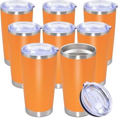 Imagem de Copo de 590 ml, copo de aço inoxidável a granel com tampa, isolado a vácuo, parede dupla, caneca de viagem, copo de café, durável, revestido em pó, para bebidas quentes e frias, laranja, pacote com 8