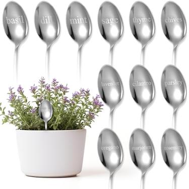 Imagem de Bucherry 12 placas de etiquetas de metal para plantas, marcadores de ervas plantadas em forma de colher, etiquetas de jardim com nomes de ervas para decoração de jardim interno e externo, aço