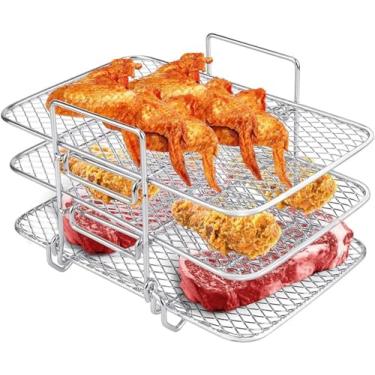 Imagem de Rack de fritadeira de ar para fritadeira de ar dupla Ninja de aço inoxidável, acessórios de fritadeira a ar de três camadas, rack empilhável para grelhar rack de torradas para Ninja Foodi DZ201/DZ401