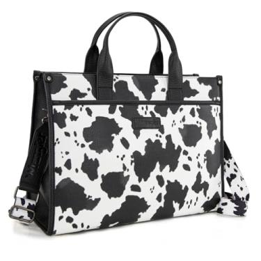 Imagem de Bolsa feminina Wrangler para laptop vintage de 15,6 polegadas para pasta de negócios com alça de ombro ajustável estampa de vaca preta WG288-8119COW-BK