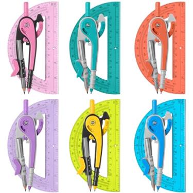 Imagem de Chengu Conjunto de 6 conjuntos de bússola e transferidor, ferramenta de geometria multicolorida, transferidores translúcidos de 15 cm e 180 graus para geometria, ferramentas de desenho gráfico