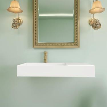 Imagem de HIGEINE Pias de banheiro premium para montagem na parede - pia de vaso de vaidade de superfície sólida de resina de pedra branca fosca, design contemporâneo pendurado na parede ou bancada, bacia