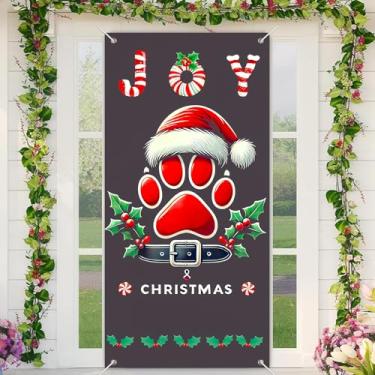 Imagem de BlissYard Capa de porta de Natal 89,5 x 188,8 cm faixa com estampa de pata para animais de estimação chapéu de Papai Noel cinto bengala doce azevinho baga pano de fundo vermelho verde decoração para
