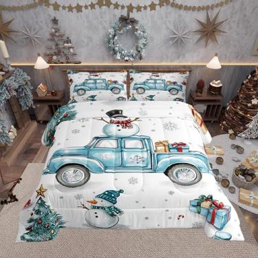 Imagem de Manfei Conjunto de edredom completo com estampa de boneco de neve com desenho de árvore de Natal, caminhonete azul, com 2 fronhas, conjunto de cama de inverno com boneco de neve, confortável, macio e