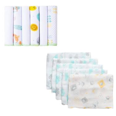 Imagem de Kit 11 Peça 5 Fraldas 60X60 6 Paninho De Boca 30X30 Neutro