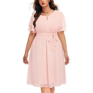 Imagem de Vestido Pinup Fashion Plus Size em chiffon rosa na altura do joelho