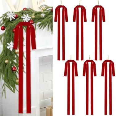 Imagem de LOAVER Pacote com 6 laços de Natal de veludo 69 × 40 cm guirlanda de Natal extra grande rústica fita de veludo pré-amarrada arco para festa de Natal, escada, porta, guirlanda de árvore (vermelho)