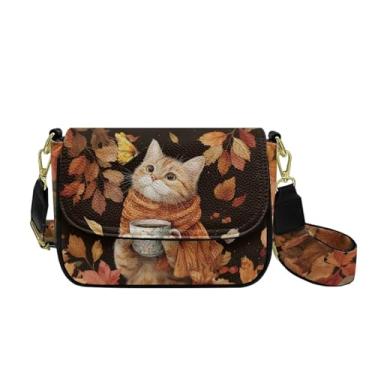 Imagem de Sktodyaw Bolsas transversais para mulheres modernas, bolsas de couro PU, bolsa tiracolo com alça larga, bolsas de ombro pequenas, Gato café folha de bordo borboleta, One Size