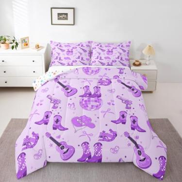 Imagem de Homewish Conjunto de edredom infantil Western Cowgirl, tamanho solteiro, chapéu com laço roxo, estampa reversível, para decoração de quarto de adolescentes, edredom acolchoado de guitarra do sudoeste