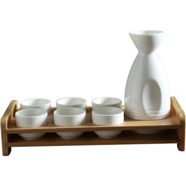 Imagem de JOEUQK Conjunto de saquê japonês com prateleira conjunto de 8 peças de copos de saquê tradicional porcelana cerâmica cerâmica artesanato taças de vinho, E