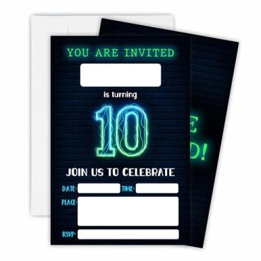 Imagem de 15 peças de convite de aniversário neon brilhante com 15 envelopes brancos combinando para meninos e meninas, lembrancinhas de festa de 10º aniversário suprimentos de decorações - OL-A46