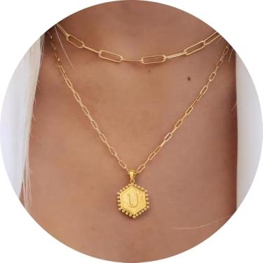 Imagem de Colar personalizado com pingente de letra A-Z, design hexagonal de corrente de camada dupla, joia minimalista de aço inoxidável para mulheres, F, Aço inoxidável, Sem Pedra Preciosa