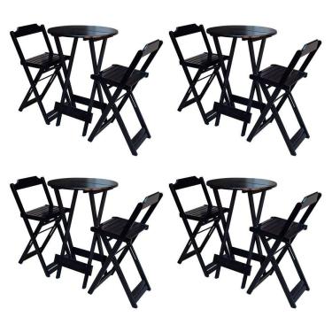 Imagem de Kit 4 Jogos De Mesa Bistrô De Madeira Com 2 Cadeiras Dobravel Preto - Preto