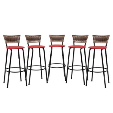 Imagem de Banquetas Altas Junco Cappuccino Estrutura Preta 70cm Para Balcão Cozinha, Bar, Bistrô, Americano Kit 05 Unidades - Itagold (Vermelho)
