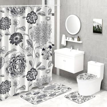 Imagem de Ksriylm Conjunto de 4 peças de cortina de chuveiro Black Farmhouse, conjunto de decoração de cortina de banheiro com folhas de flores, inclui cortina de chuveiro à prova d'água, tapete antiderrapante
