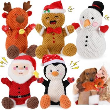 Imagem de Vinsot 5 peças de brinquedos de Natal grandes para cães de pelúcia, brinquedo de mastigar para cães pequenos, médios e grandes, boneco de neve, boneco de neve, pinguim, pão de gengibre para mastigar