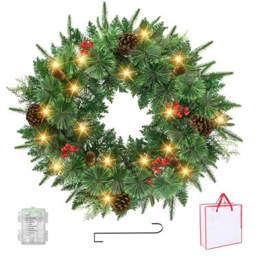 Imagem de Guirlanda de Natal artificial pré-iluminada com controle remoto de 61 cm, pinheiro Norwood Fir Carolina com pinhas de crestwood e cachos de bagas, branco quente, 55 luzes de LED, decoração de Natal em