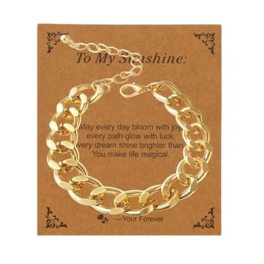 Imagem de Warmhope Pulseira feminina banhada a ouro 14 quilates com elos cubanos de aço inoxidável grosso duplo anel punk joia ajustável streetwear presente estilo cidade acessórios multicamadas, universal size