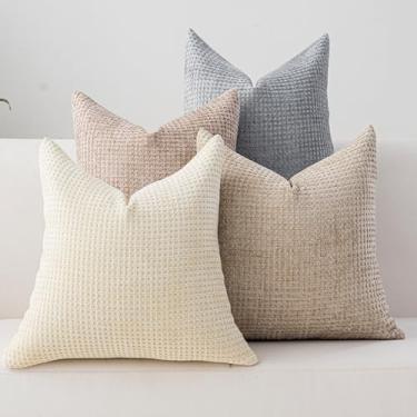 Imagem de Cushonix Pacote com 4 capas de almofada 40,6 x 40,6 cm bege cinza claro boho capas de almofada decorativas para sofá-cama, sofá, sala de estar, decoração de casa, fronha quadrada macia