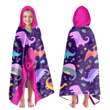 Imagem de Toalhas de praia grandes com capuz para meninas de 7 a 10 anos, tema de dinossauro, toalhas de banho com capuz para crianças adolescentes 89 x 152 cm, toalha roxa de secagem rápida, perfeita para
