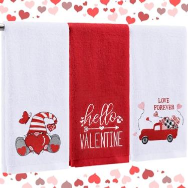 Imagem de Boao 3 peças de toalhas de mão de gnomo de coração para banheiro 35 cm x 75 cm algodão bordado vermelho rosa e branco conjunto de toalhas de banho de mão anão para secagem limpeza cozinhar presente