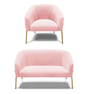 Imagem de Sofá Namoradeira E Poltrona Pé De Ferro Dourado Stella Suede D03 - D'rossi Cor Rosa Bebê