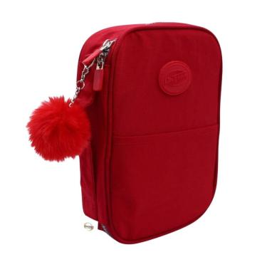 Imagem de Estojo Escolar Premium Vermelho Pompom Organização Completa Volta as Aulas Tendência Menina Fofo TOP