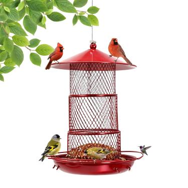 Imagem de QZLOHOM Alimentador de pássaros suspenso de metal de três camadas, durável e resistente, acabamento vermelho grande capacidade com design de malha de poleiro apresenta orifícios de drenagem (vermelho)