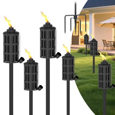 Imagem de BABITEY Conjunto de 4 tochas de citronela para exterior, tochas de jardim de metal ao ar livre de 473 ml, tochas de decoração de jardim de 152 cm com estaca aterrada de 5 pinos, luz de chama para