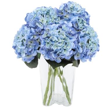Imagem de Coferset 3 peças de flores artificiais de hortênsia azul 63 cm de toque real, grandes flores falsas de látex de hortênsia sintética com hastes dobráveis para decoração interna e externa, peças