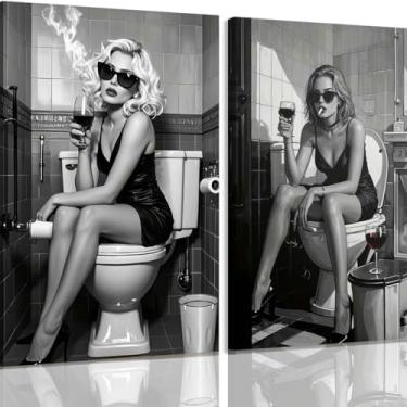 Imagem de Moda vintage feminista decoração de parede arte de parede em tela preta e branca pôsteres estéticos fumando senhora sentada em um banheiro pôster de dedo médio decoração de quarto de menina