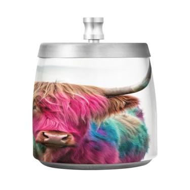 Imagem de JUZIHAI Cinzeiro de cabelo tingido colorido de vaca Highland com tampa, bandeja de cinzeiro de aço inoxidável inodoro à prova de vento cinzeiro sem fumaça para escritório em casa, pátio, varanda