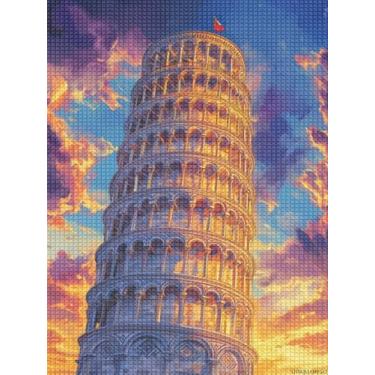 Imagem de UPABLUNSO Kits de pintura de diamante da Torre de Pisa inclinada, tinta 5D DIY para adultos, desenho de diamante de cristal de perfuração completa adequado para decoração de parede de casa 30,5 x 40,6