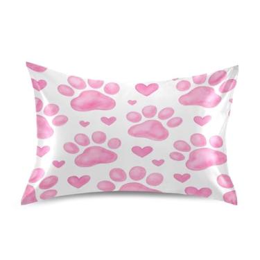 Imagem de Qilmy Fronhas de cetim com estampa de pata de gato rosa, fronha de seda respirável macia com fecho de envelope para sofá-cama e sofá, tamanho padrão 66 x 50 cm