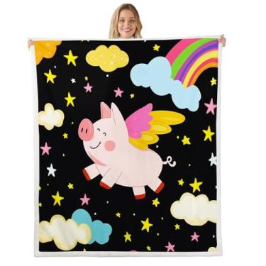 Imagem de Feelyou Cobertor de lã de porco 127 x 152 cm, cobertor infantil de lã de ovelha arco-íris para meninos e meninas, adolescentes kawaii, animais suínos, cobertor de pelúcia fofo para animais de